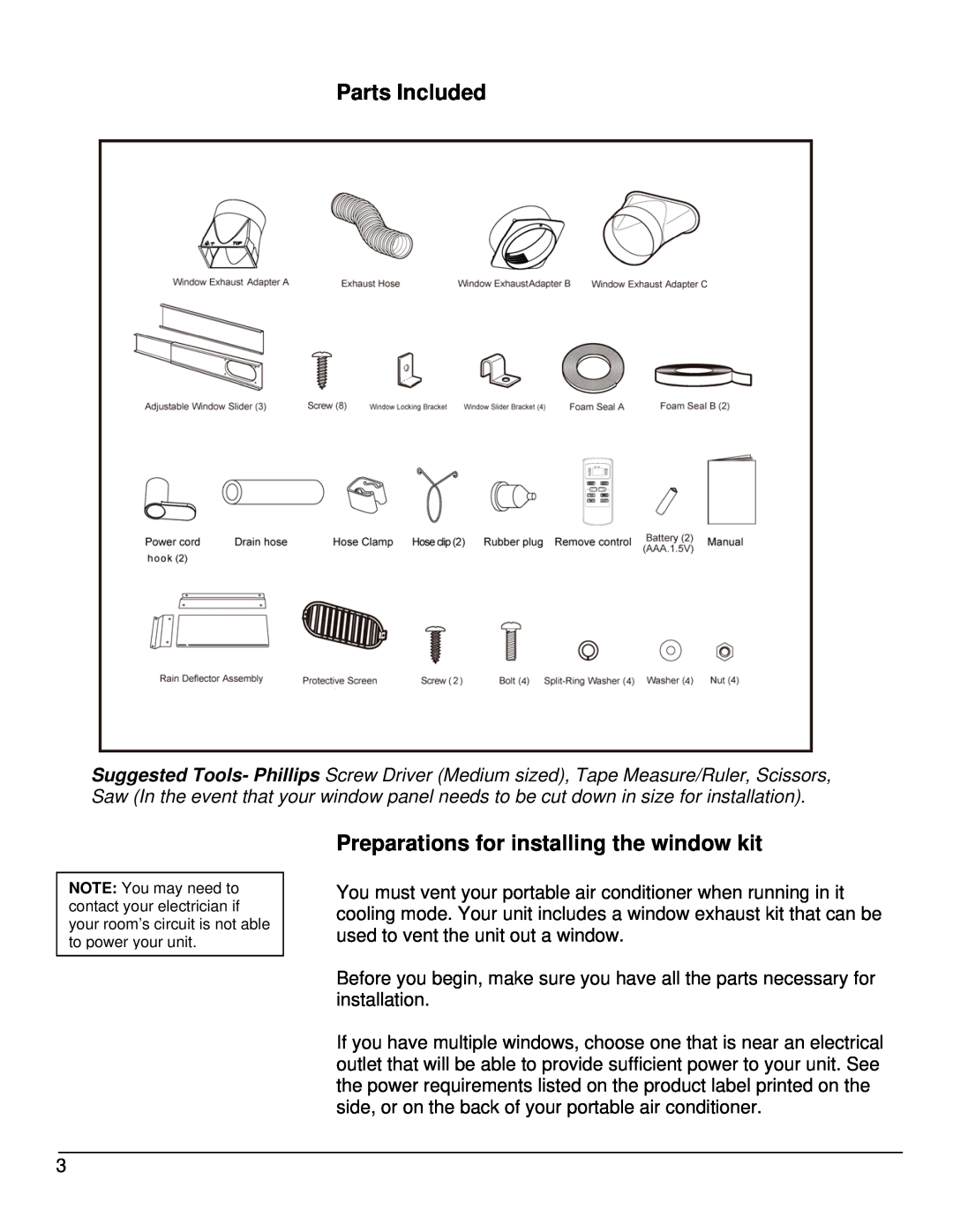 EdgeStar AP10002BL owner manual Parts Included, Preparations for installing the window kit 