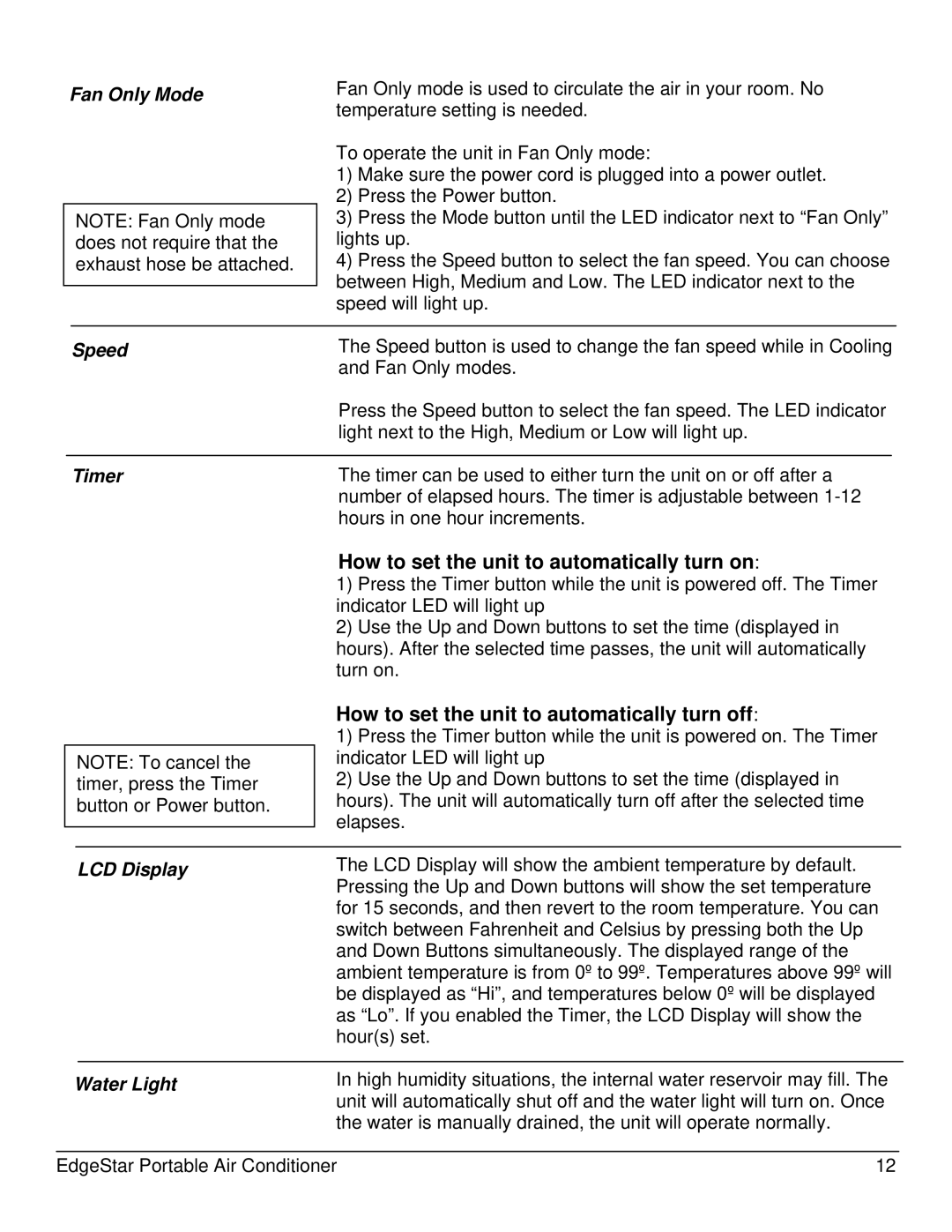 EdgeStar AP12000HS owner manual Fan Only Mode, Speed Timer, LCD Display, Water Light 