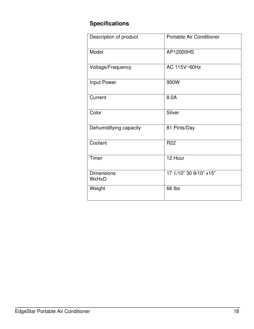 EdgeStar AP12000HS owner manual Specifications 