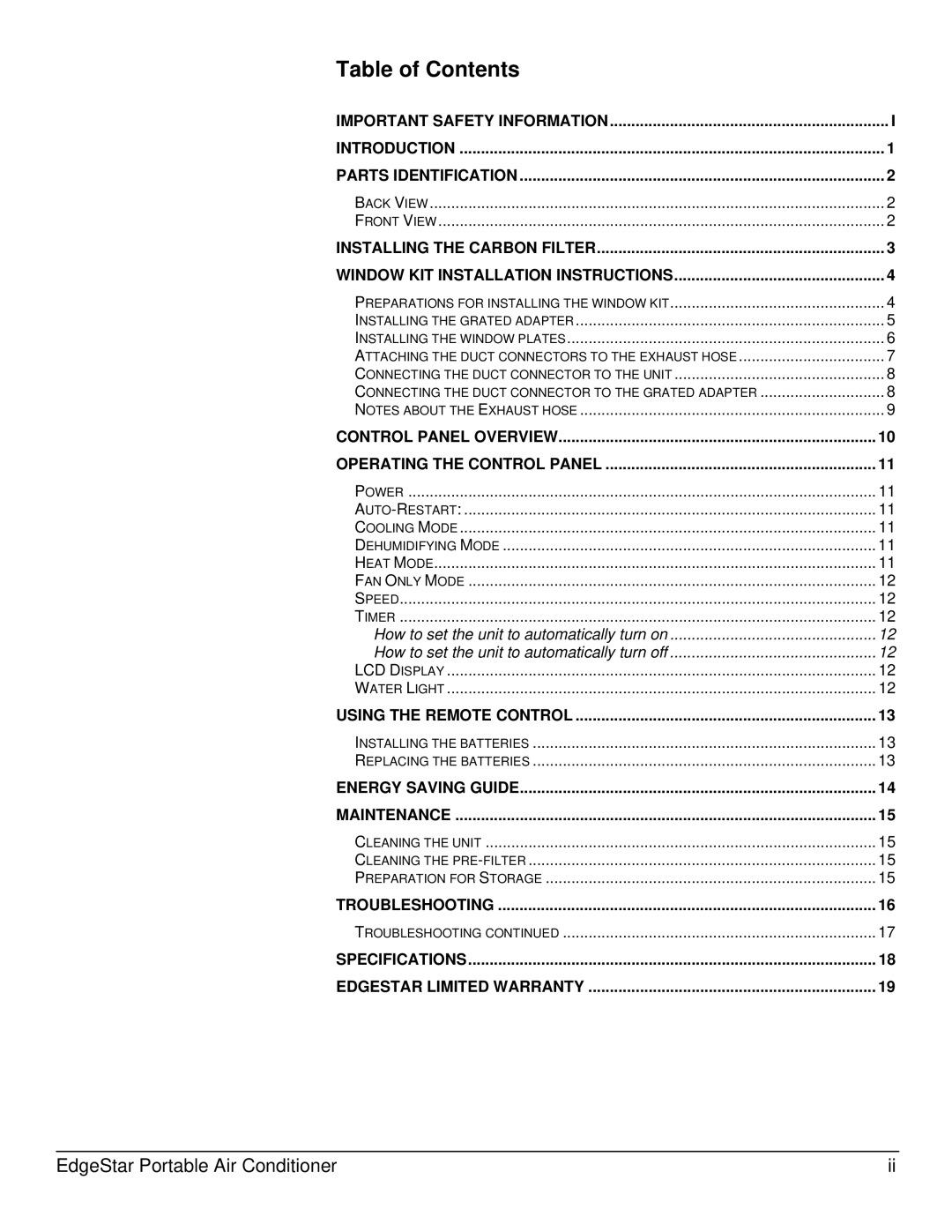 EdgeStar AP12000HS owner manual Table of Contents 