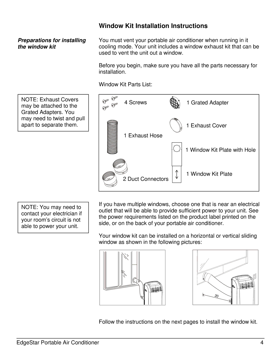 EdgeStar AP12000HS owner manual Window Kit Installation Instructions, Preparations for installing the window kit 