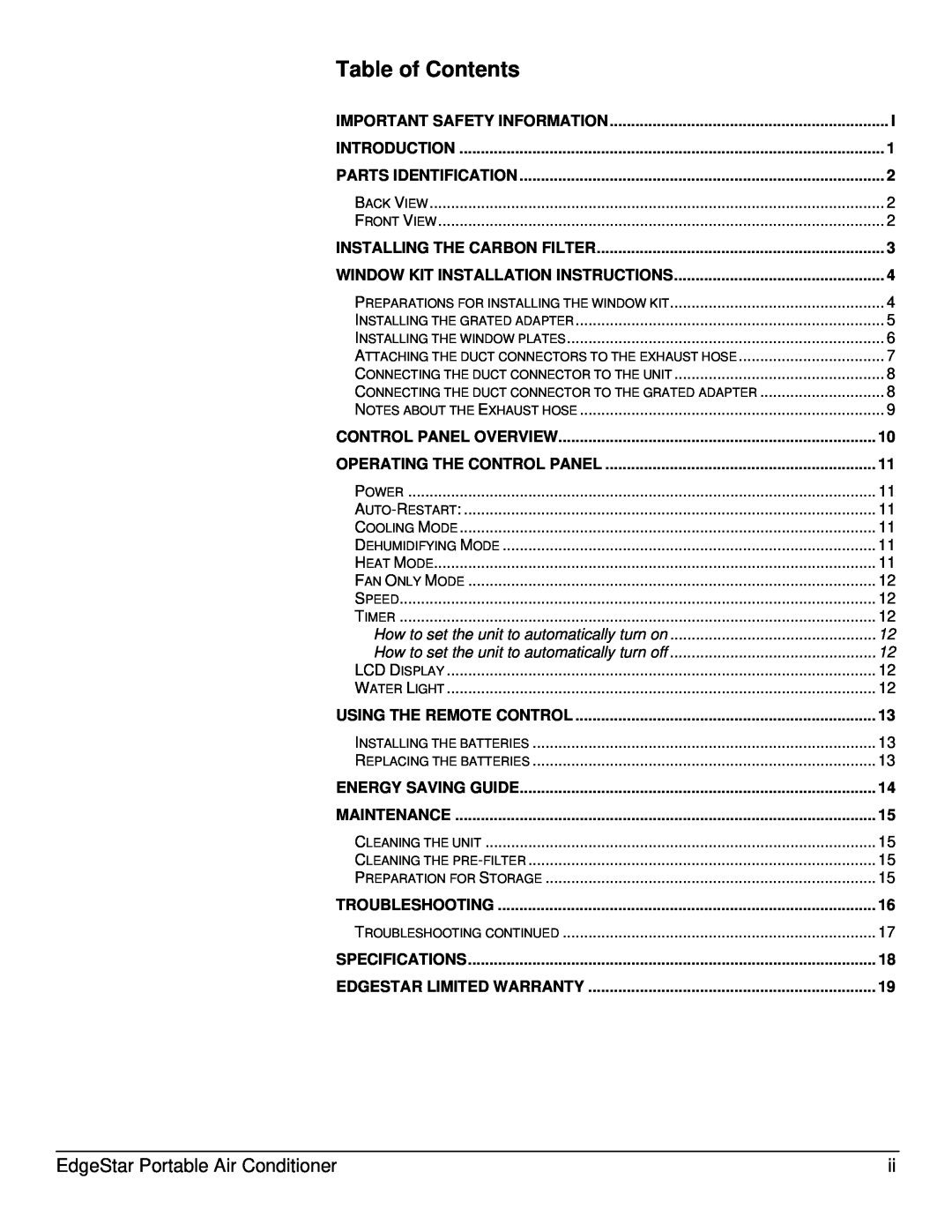 EdgeStar AP12000HS owner manual Table of Contents, EdgeStar Portable Air Conditioner 