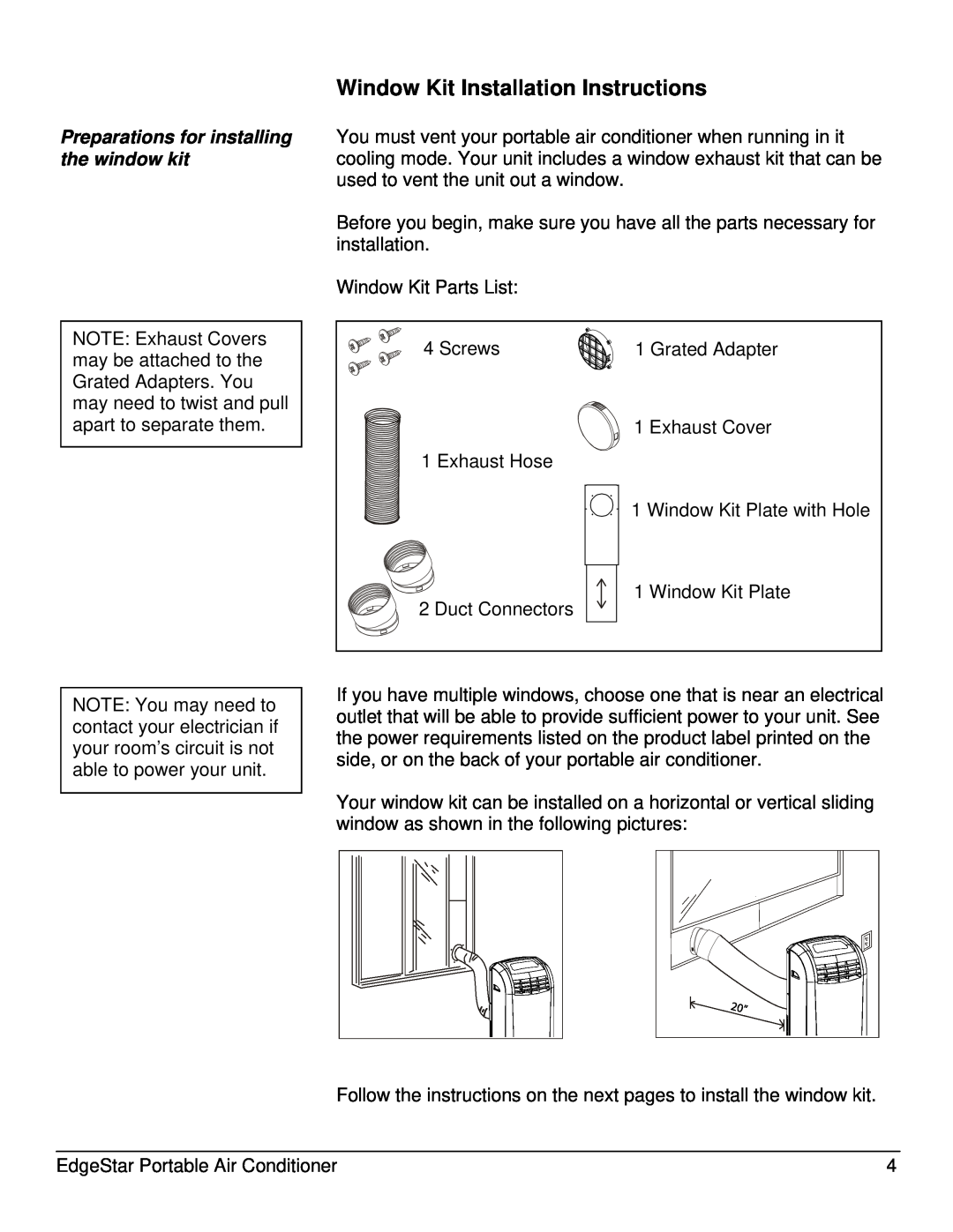EdgeStar AP12000HS owner manual Window Kit Installation Instructions, Preparations for installing the window kit 