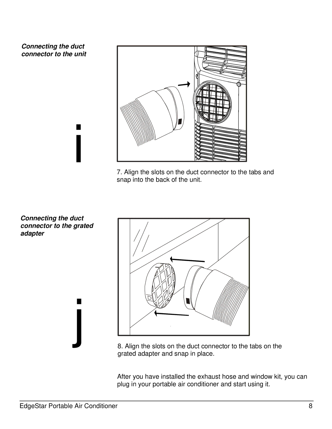 EdgeStar AP12000S-1 Connecting the duct connector to the unit, Connecting the duct connector to the grated adapter 