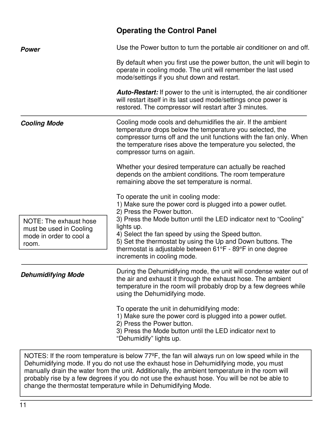 EdgeStar AP12000S-1 owner manual Operating the Control Panel, Power, Cooling Mode, Dehumidifying Mode 