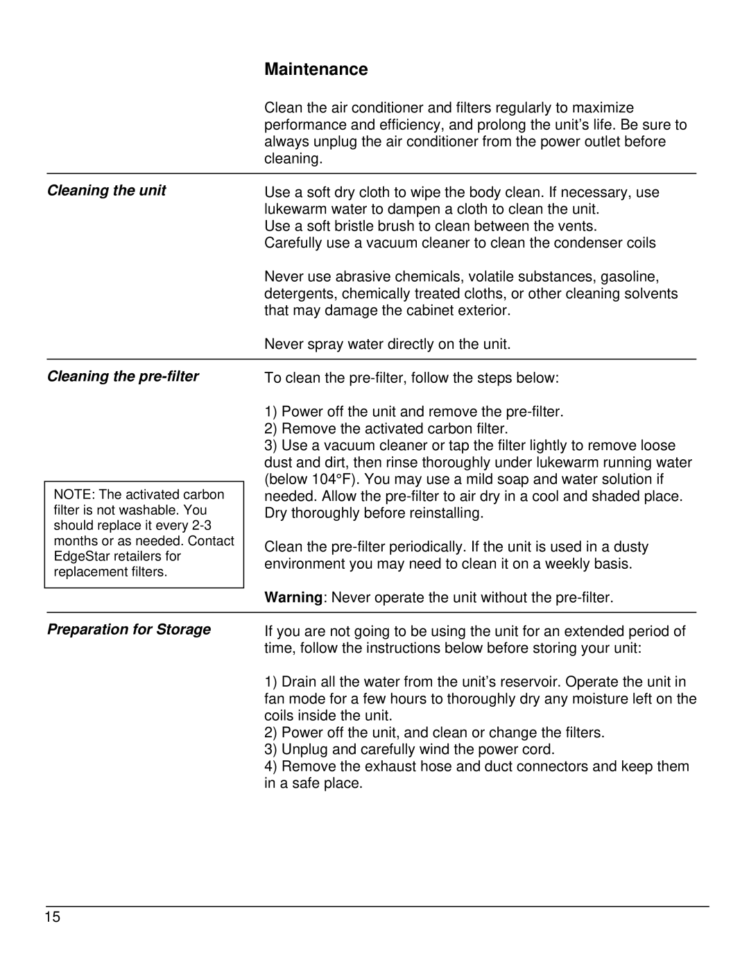 EdgeStar AP12000S-1 owner manual Maintenance, Cleaning the unit, Cleaning the pre-filter, Preparation for Storage 