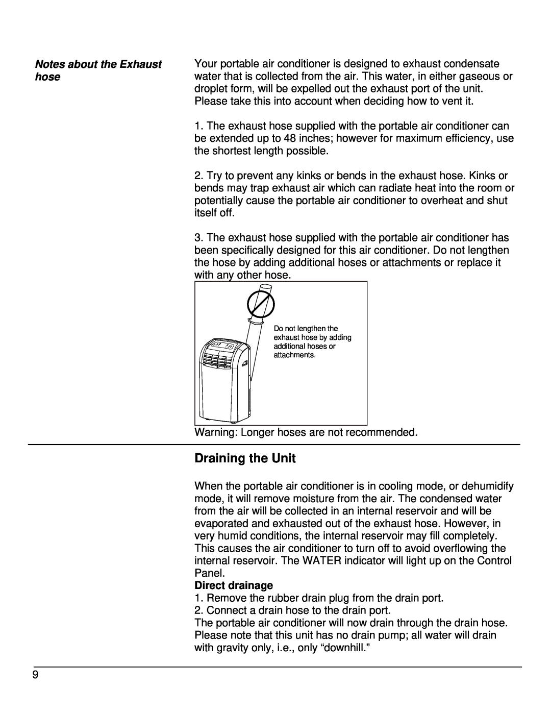 EdgeStar AP12000S-1 owner manual Draining the Unit, Notes about the Exhaust hose, Direct drainage 