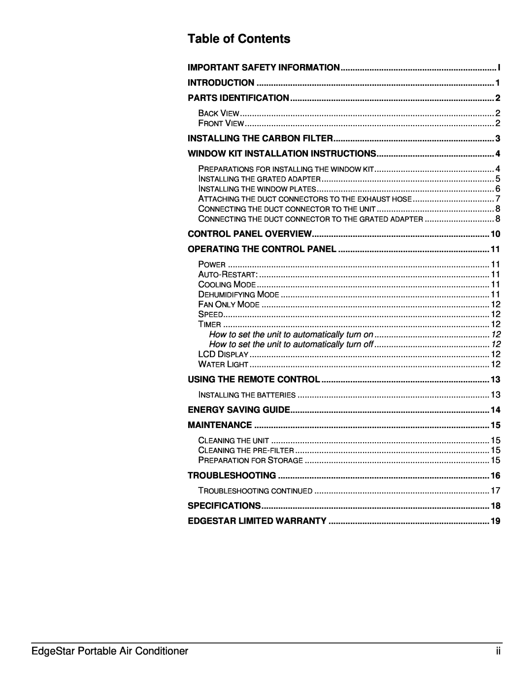 EdgeStar AP12000S-1 owner manual Table of Contents, EdgeStar Portable Air Conditioner 