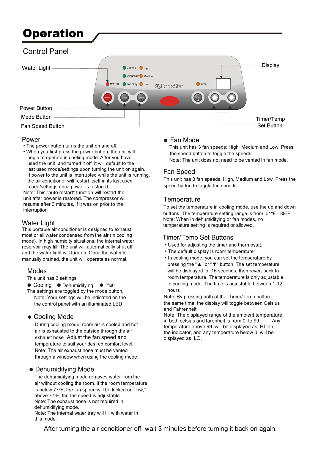 EdgeStar ap12000s manual Control Panel 