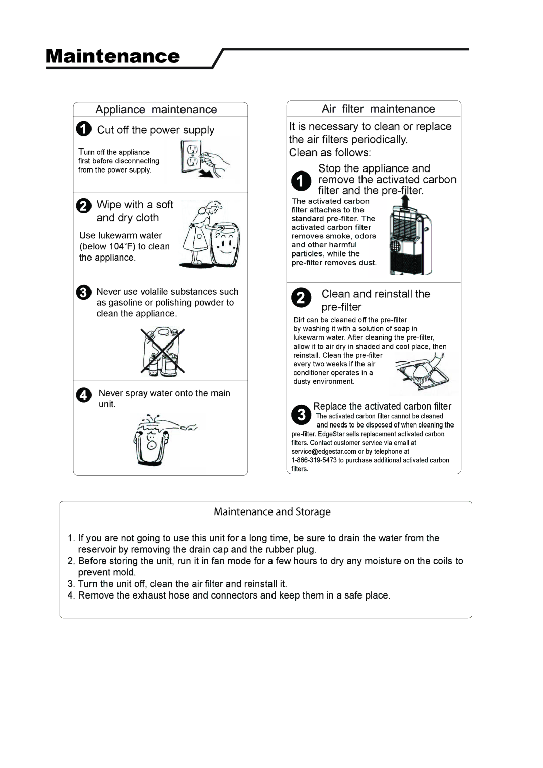 EdgeStar ap12000s manual Maintenance, Wipe with a soft and dry cloth 