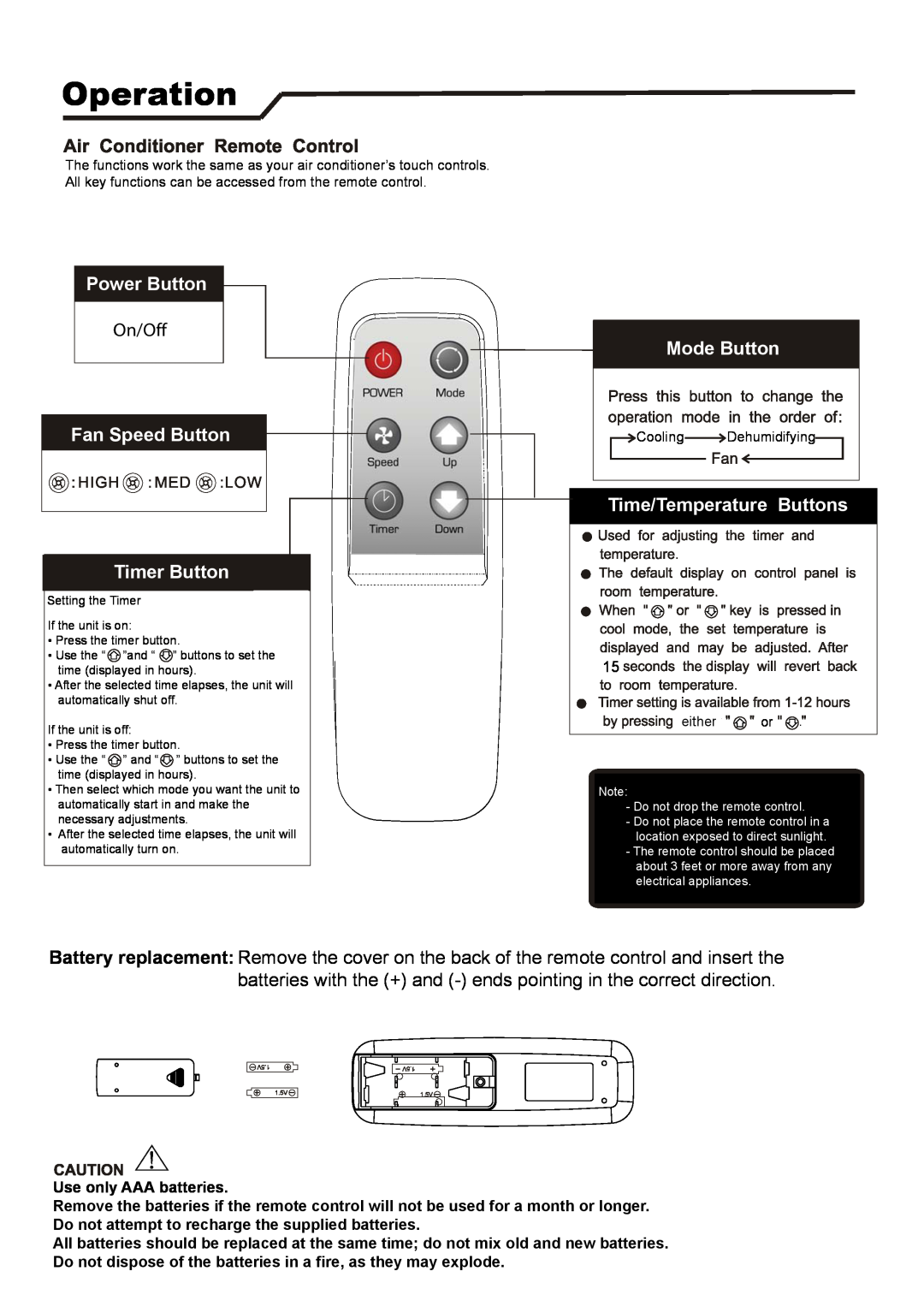 EdgeStar ap12000s manual Operation, Power Button, Fan Speed Button Timer Button, Mode Button, Time/TemperatureButtons 