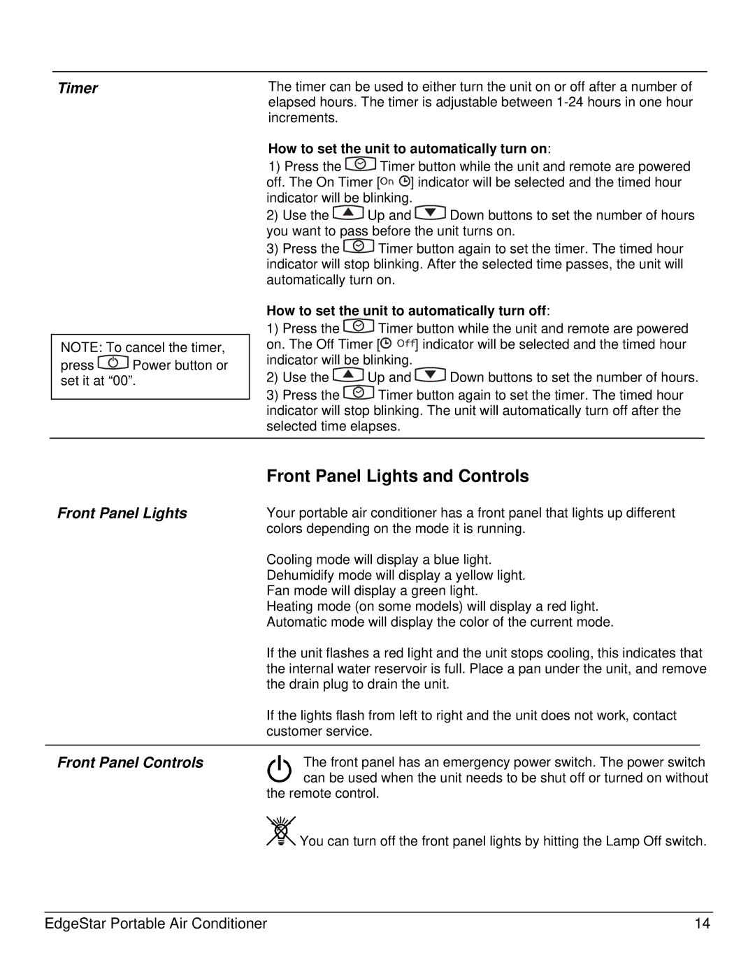 EdgeStar AP12005ECO owner manual Front Panel Lights and Controls, Timer, Front Panel Controls 