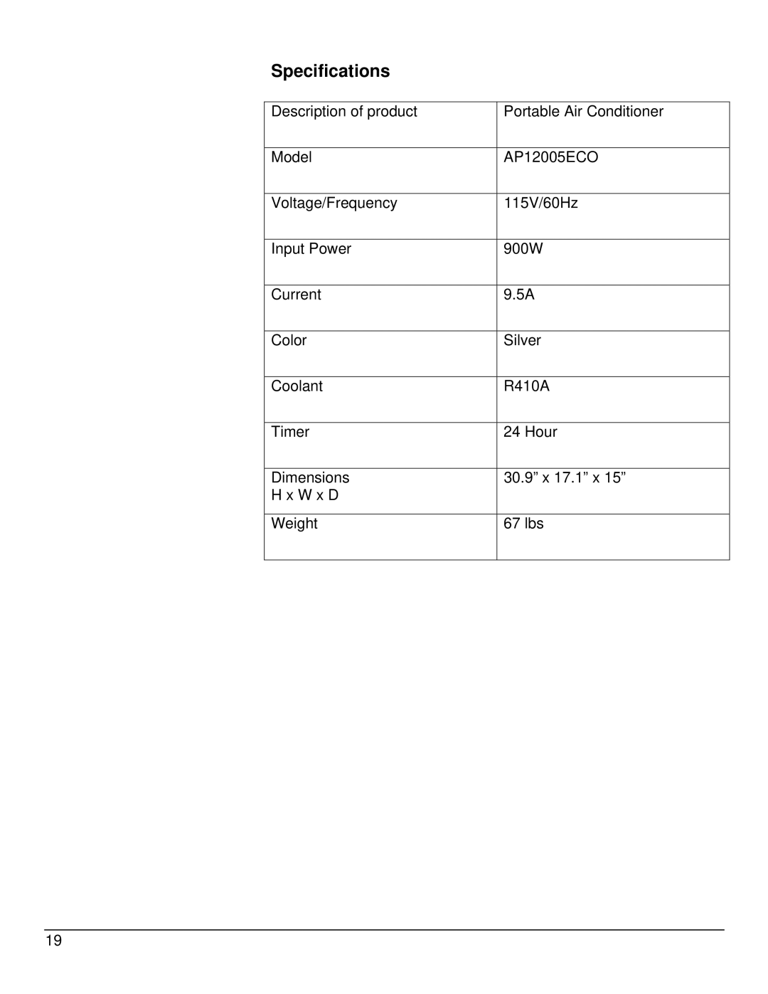 EdgeStar AP12005ECO owner manual Specifications 