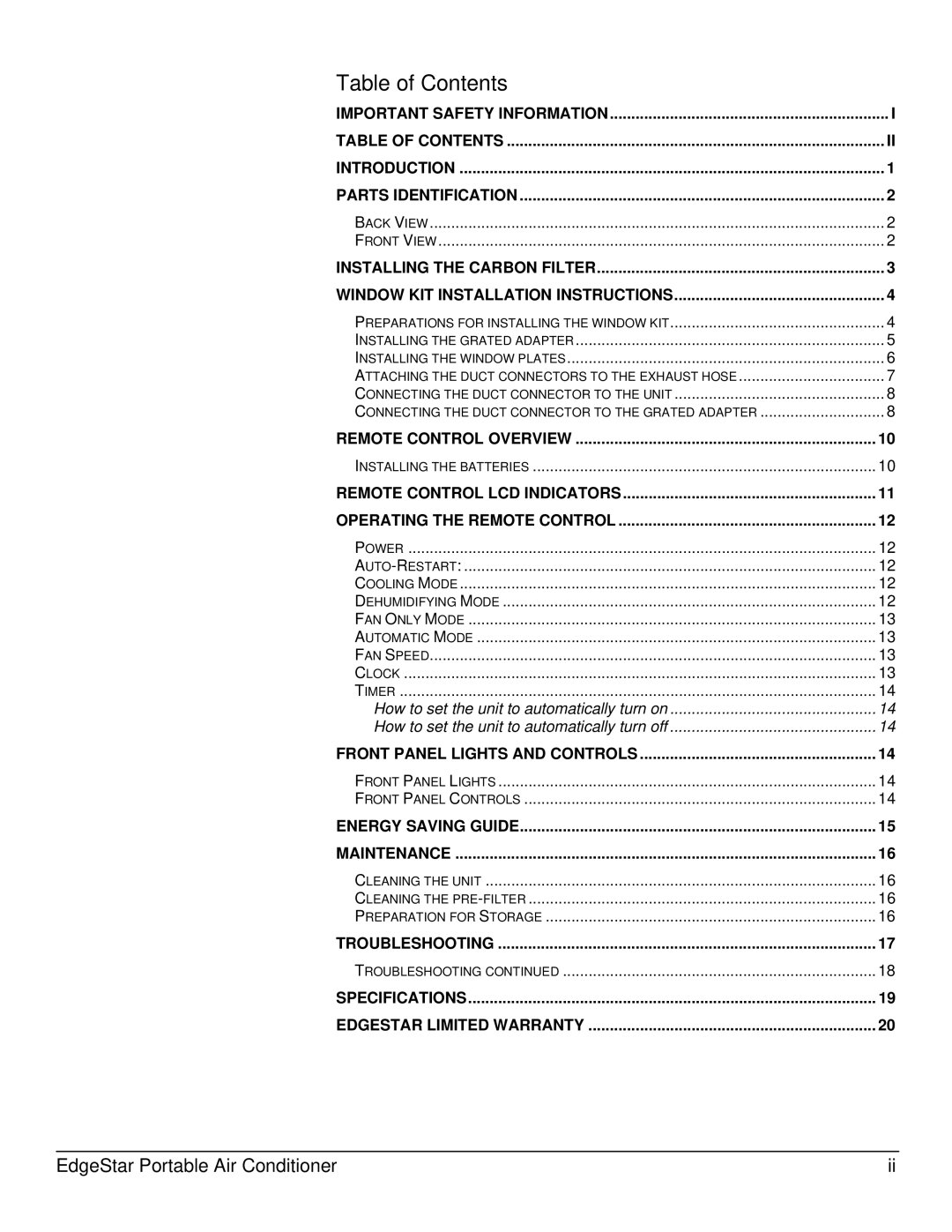 EdgeStar AP12005ECO owner manual Table of Contents 