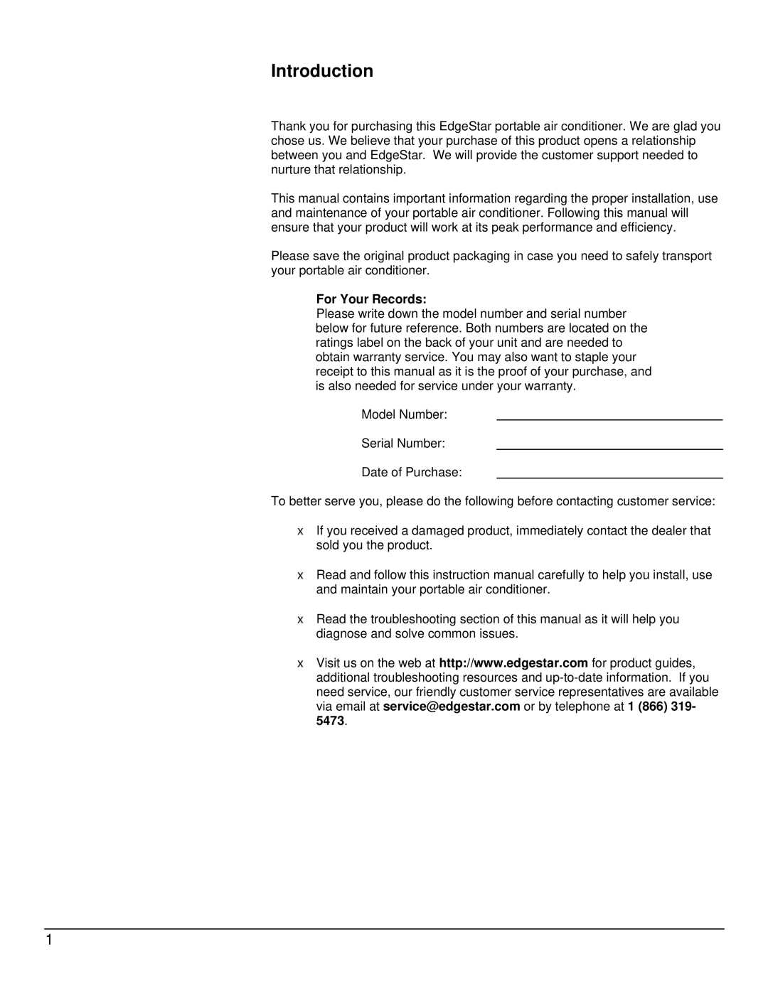 EdgeStar AP12005ECO owner manual Introduction, For Your Records 