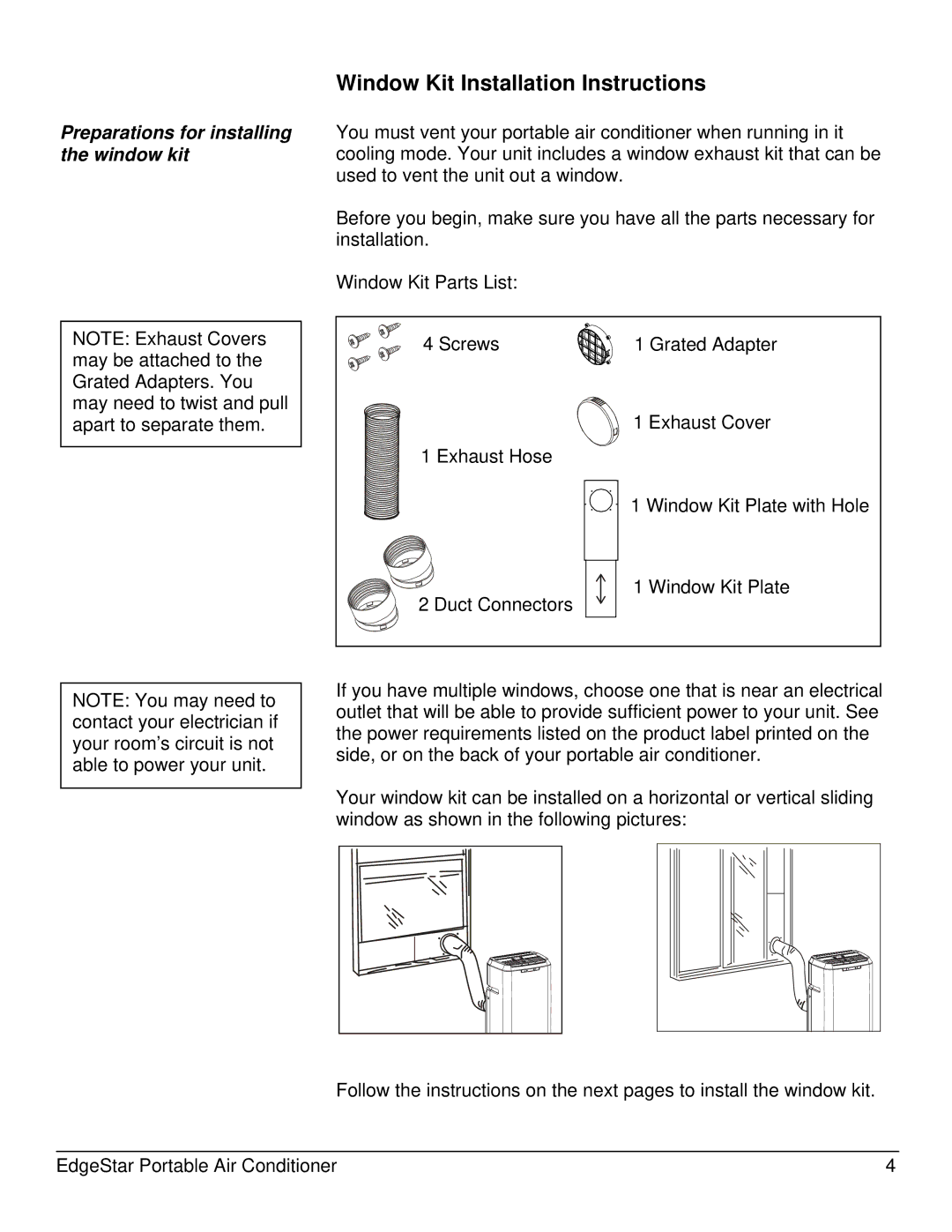 EdgeStar AP12005ECO owner manual Window Kit Installation Instructions, Preparations for installing the window kit 