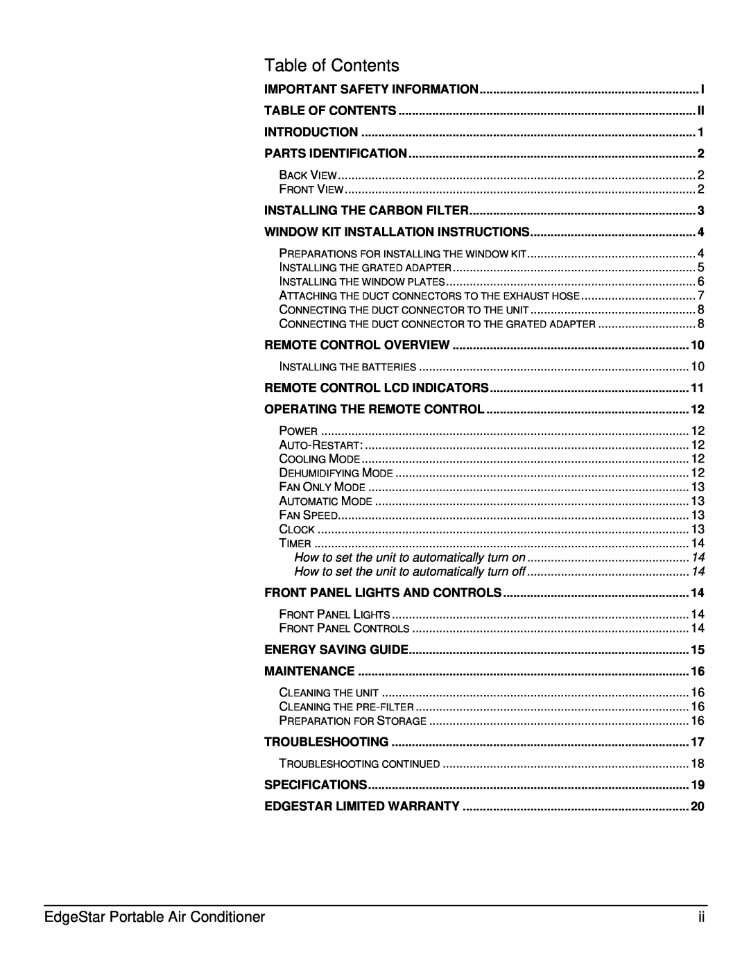 EdgeStar AP12005ECO owner manual Table of Contents, EdgeStar Portable Air Conditioner 