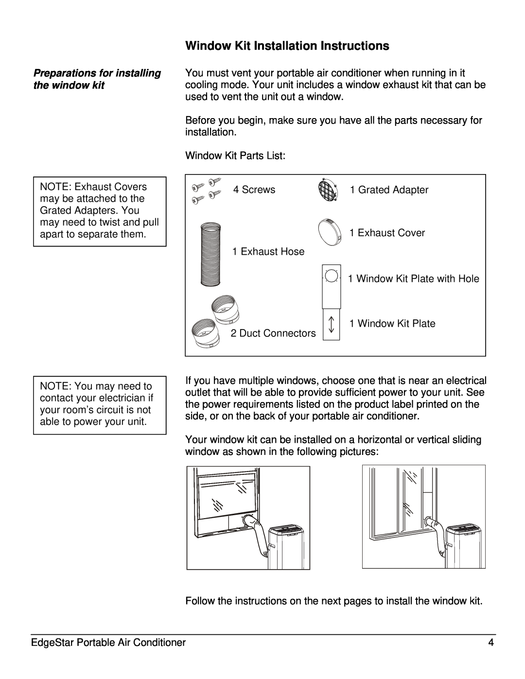 EdgeStar AP12005ECO owner manual Window Kit Installation Instructions, Preparations for installing the window kit 