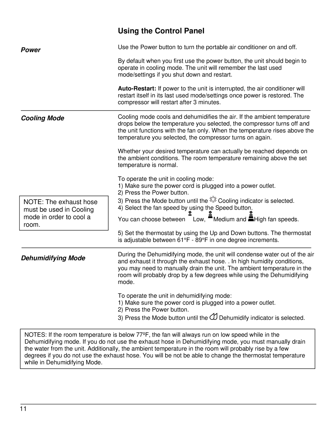 EdgeStar AP14000W owner manual Using the Control Panel, Power, Cooling Mode, Dehumidifying Mode 