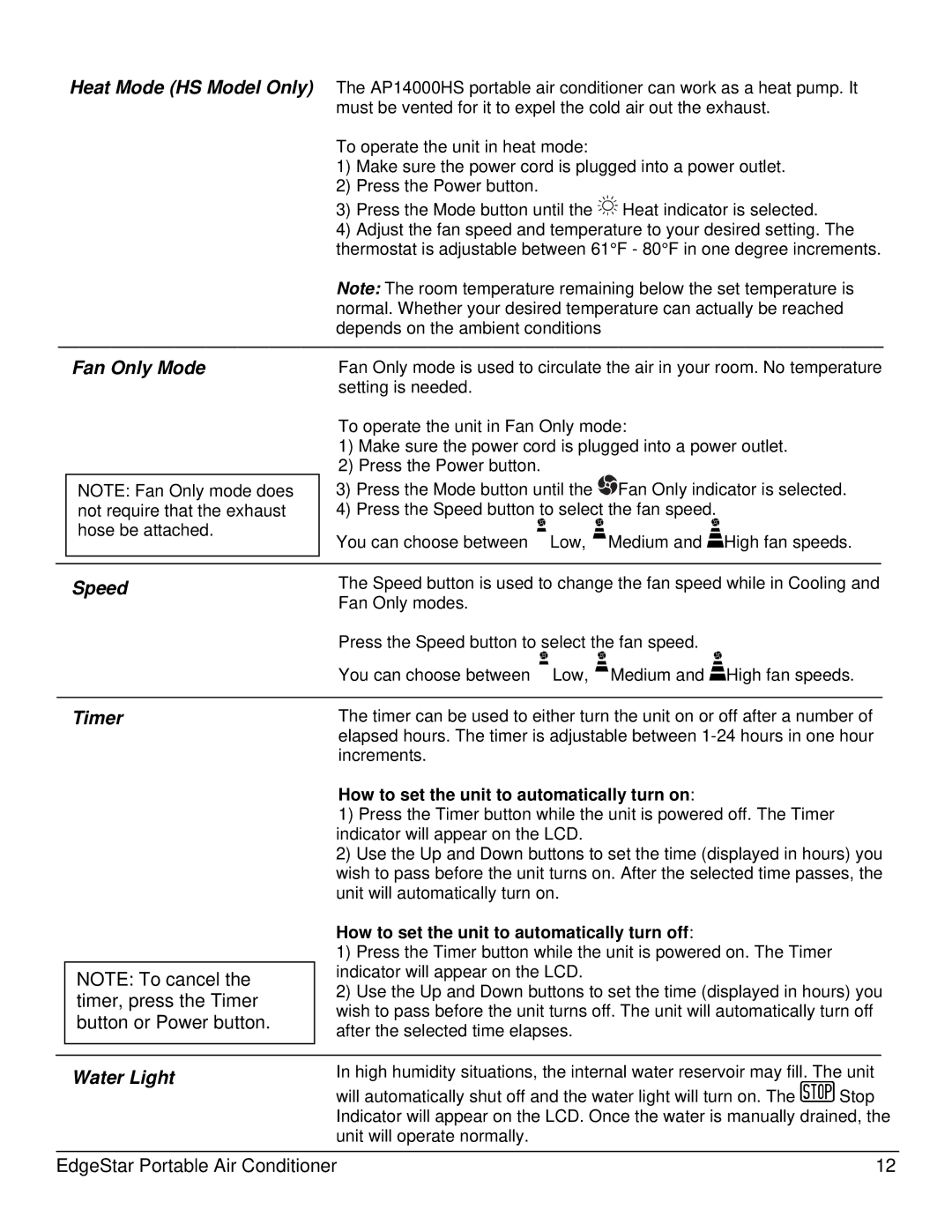 EdgeStar AP14000W owner manual Fan Only Mode, Speed, Timer, Water Light 