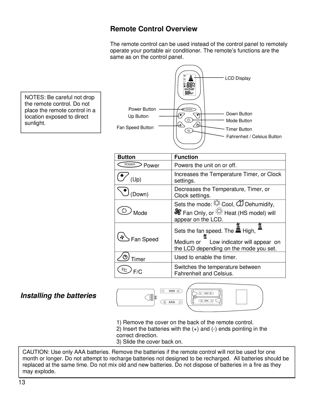 EdgeStar AP14000W owner manual Remote Control Overview, Installing the batteries 