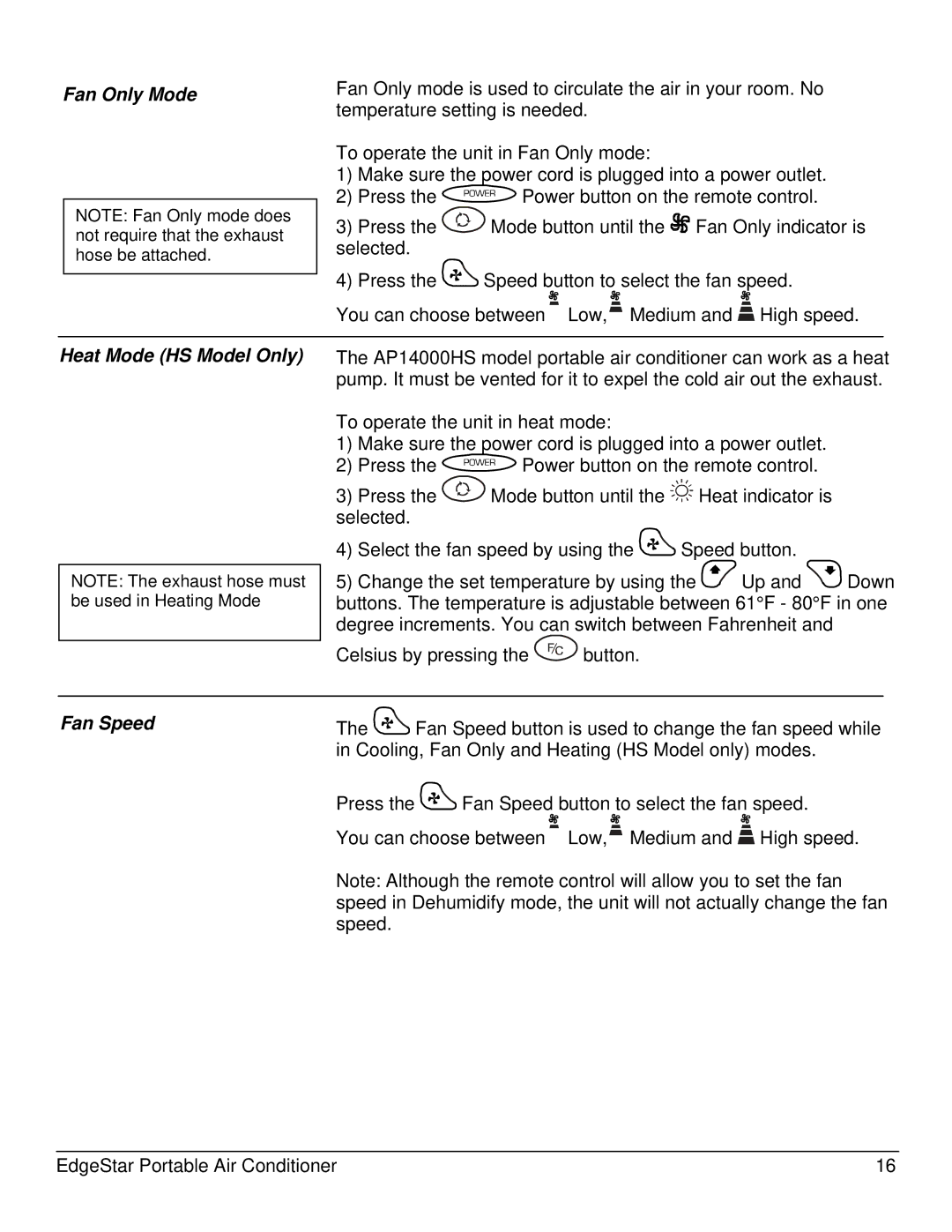 EdgeStar AP14000W owner manual Fan Only Mode, Fan Speed 