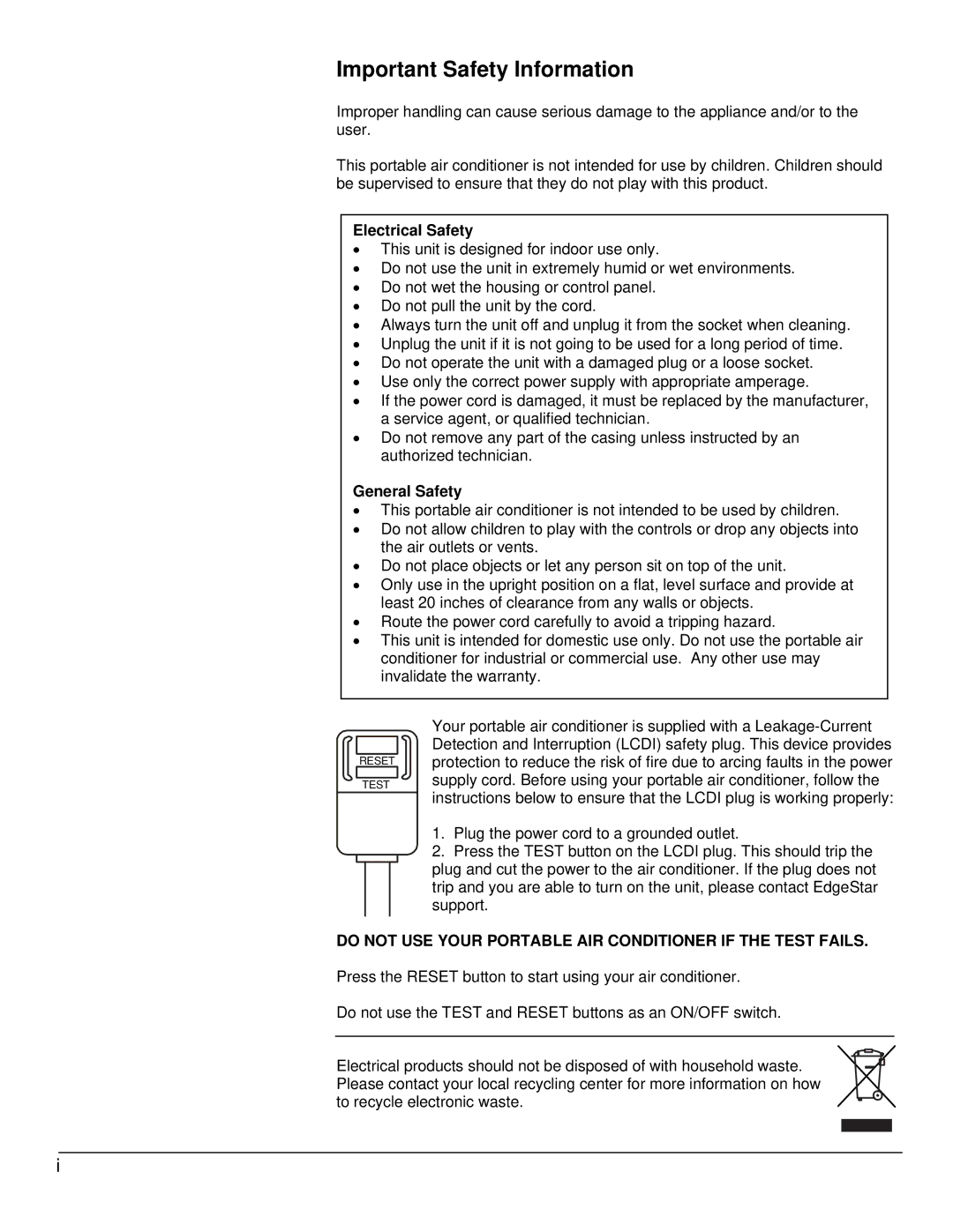 EdgeStar AP14000W owner manual Important Safety Information, Electrical Safety 