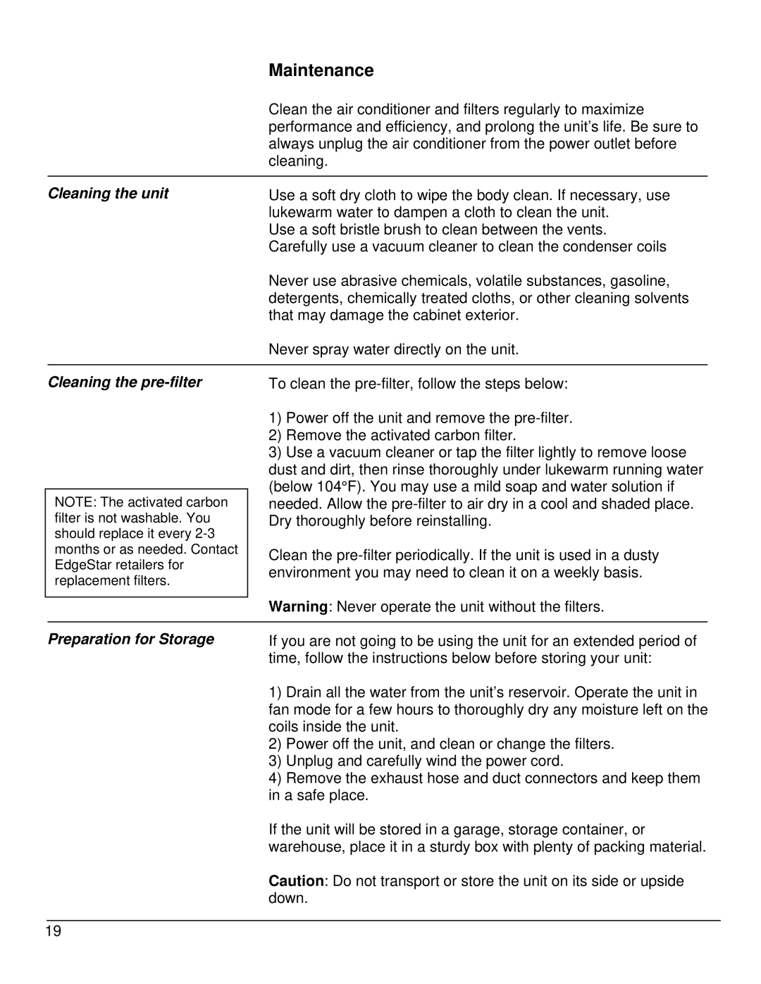 EdgeStar AP14000W owner manual Maintenance, Cleaning the unit, Cleaning the pre-filter, Preparation for Storage 