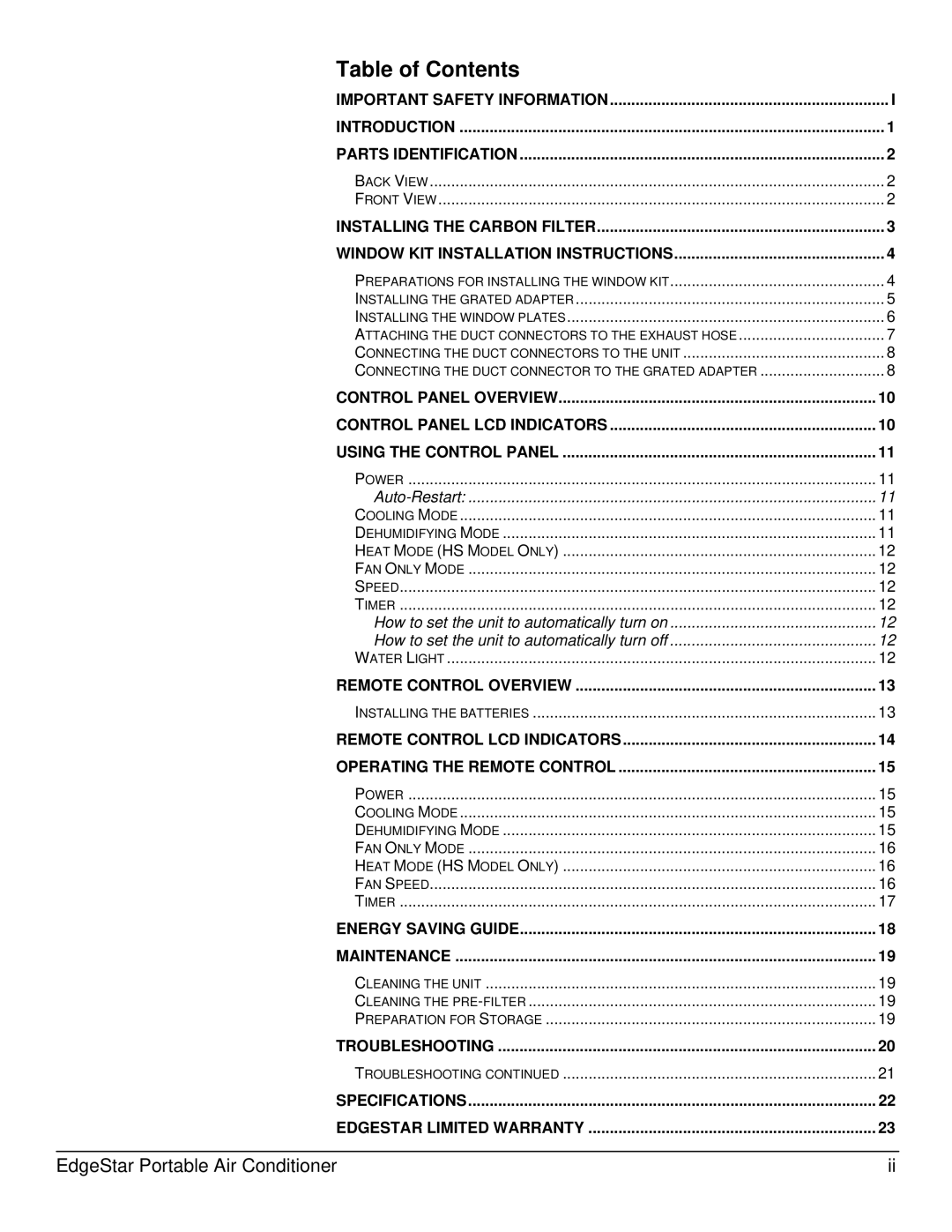 EdgeStar AP14000W owner manual Table of Contents 