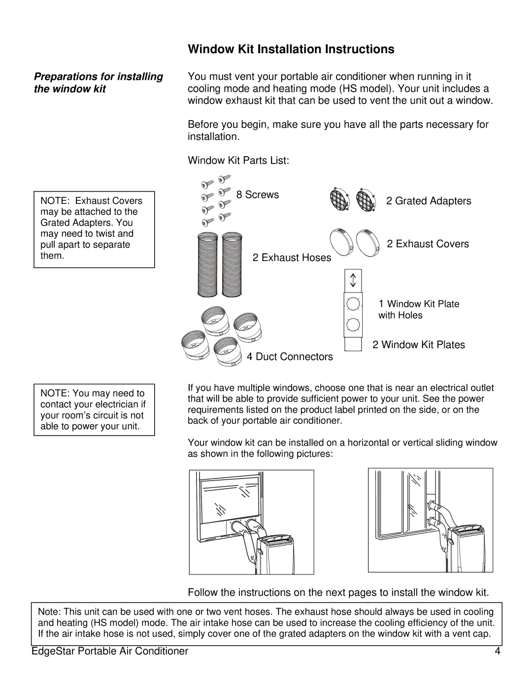 EdgeStar AP14000W owner manual Window Kit Installation Instructions, Preparations for installing the window kit 