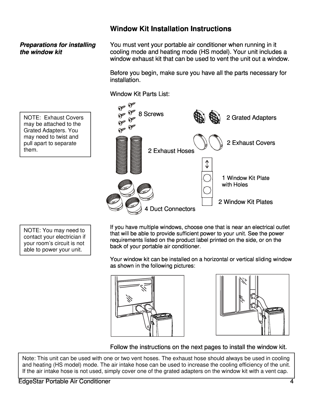 EdgeStar AP14000W owner manual Window Kit Installation Instructions, Preparations for installing the window kit 