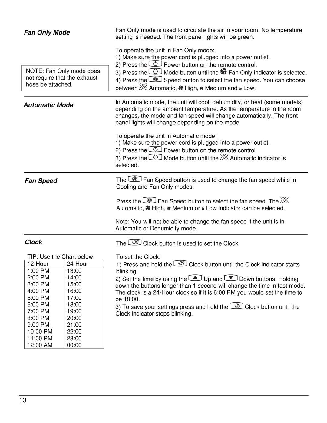 EdgeStar AP14009COM owner manual Fan Only Mode, Automatic Mode, Fan Speed, Clock 