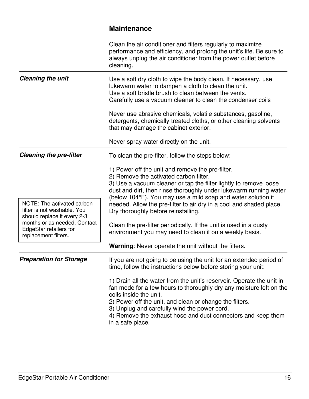 EdgeStar AP14009COM owner manual Maintenance, Cleaning the unit, Cleaning the pre-filter, Preparation for Storage 
