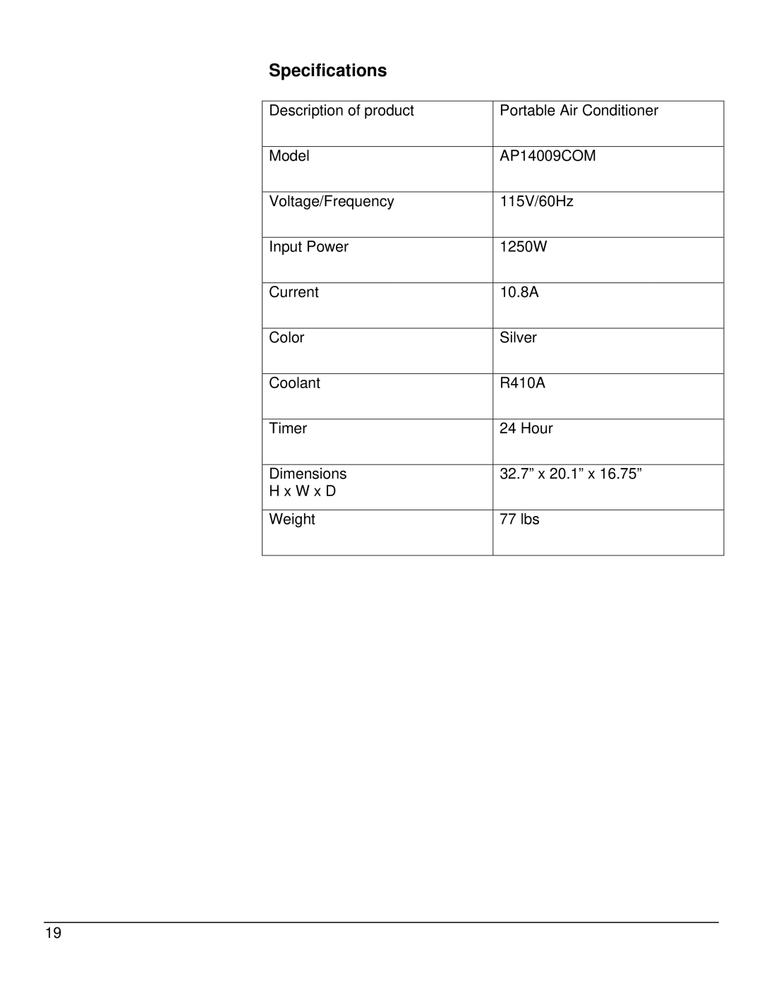 EdgeStar AP14009COM owner manual Specifications 