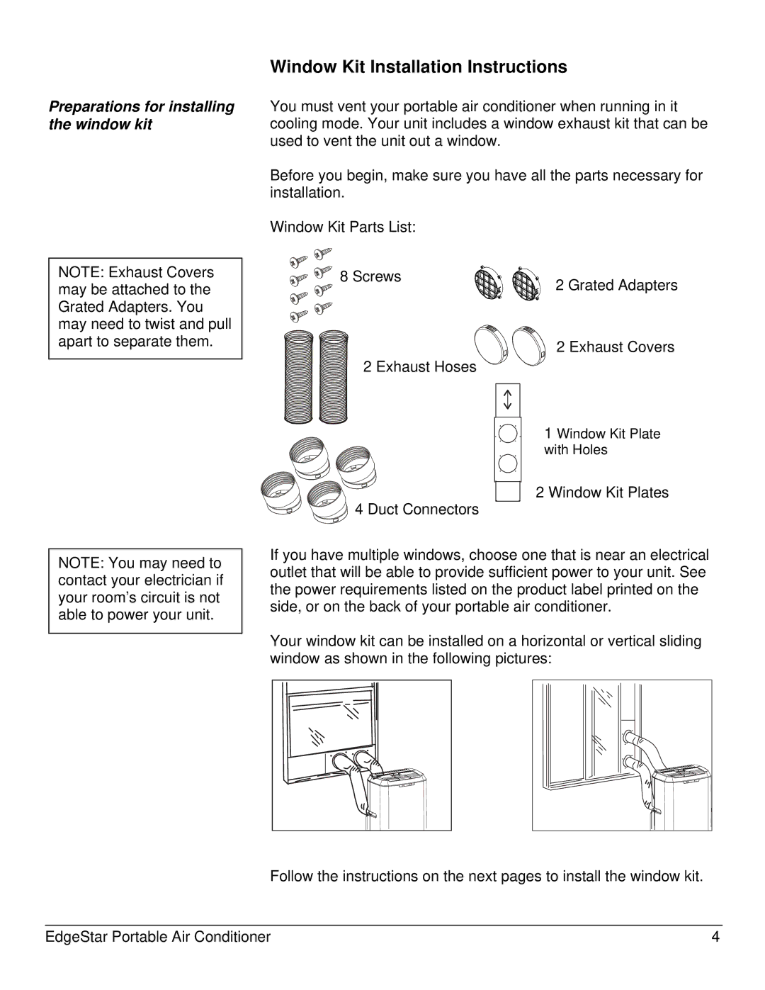 EdgeStar AP14009COM owner manual Window Kit Installation Instructions, Preparations for installing the window kit 