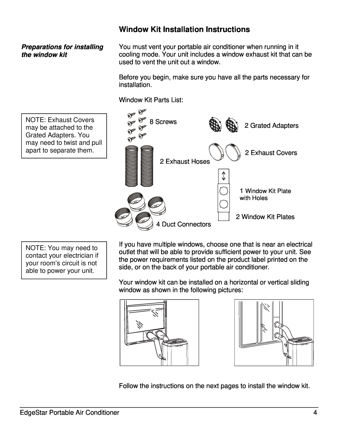 EdgeStar AP14009COM owner manual Window Kit Installation Instructions, Preparations for installing the window kit 