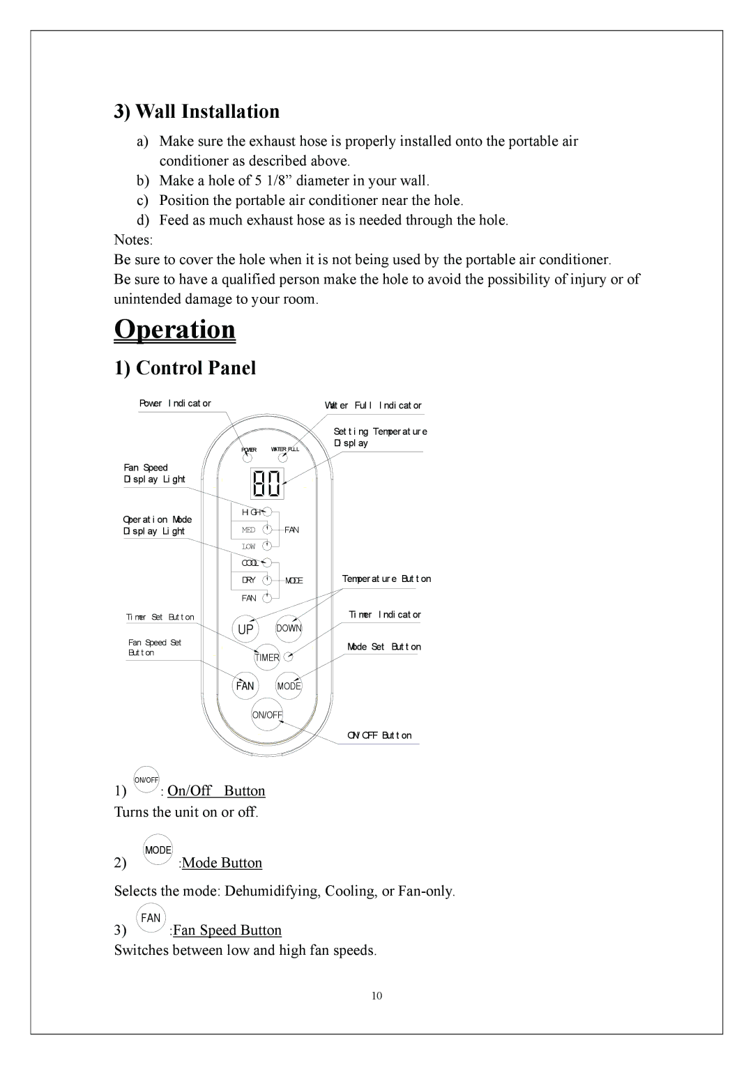 EdgeStar AP310SS manual Operation, Wall Installation, Control Panel 