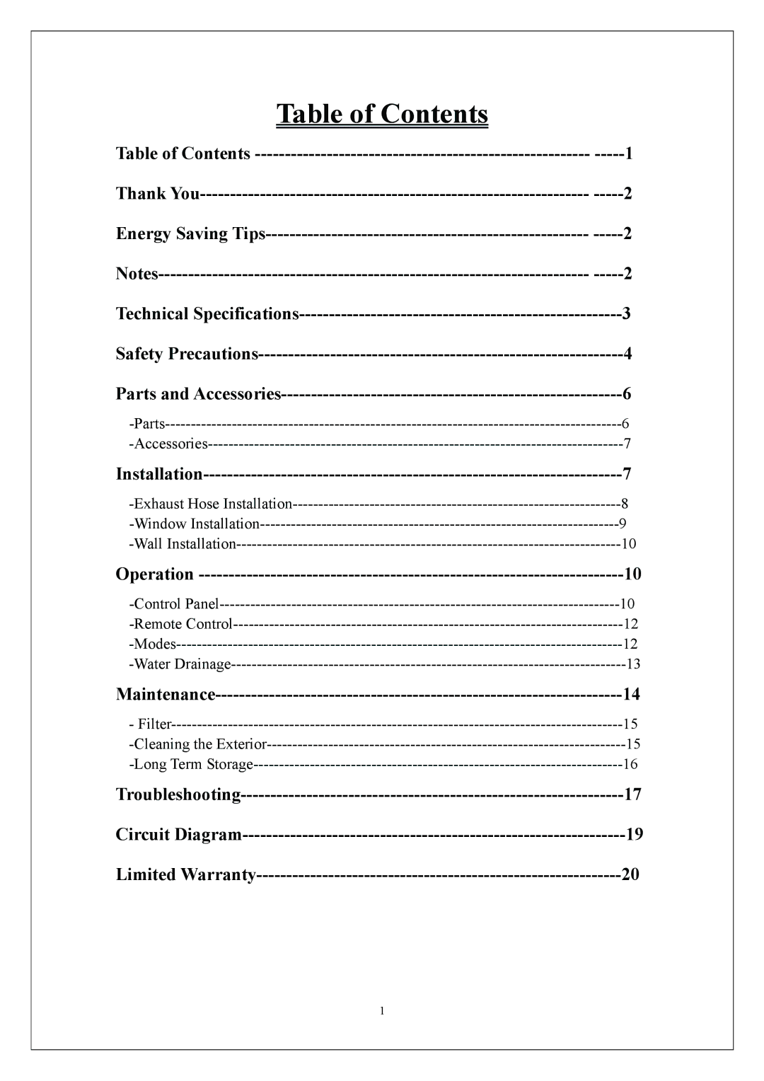 EdgeStar AP310SS manual Table of Contents 