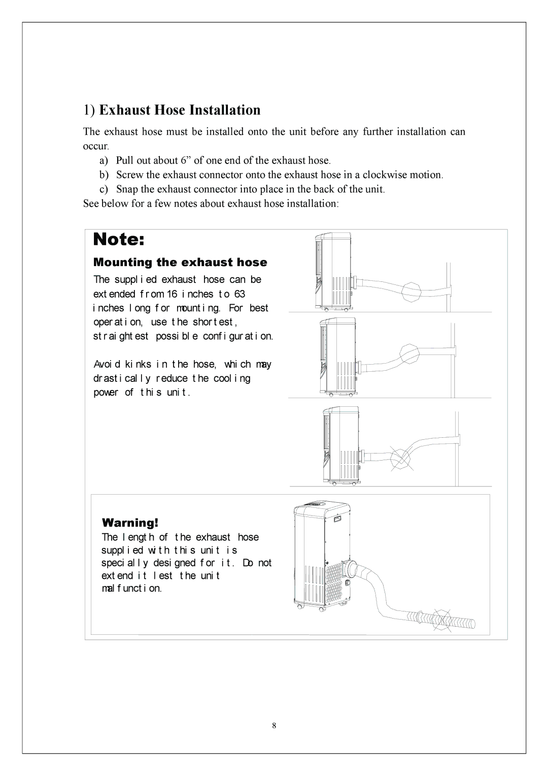 EdgeStar AP310SS manual Exhaust Hose Installation, Mounting the exhaust hose 