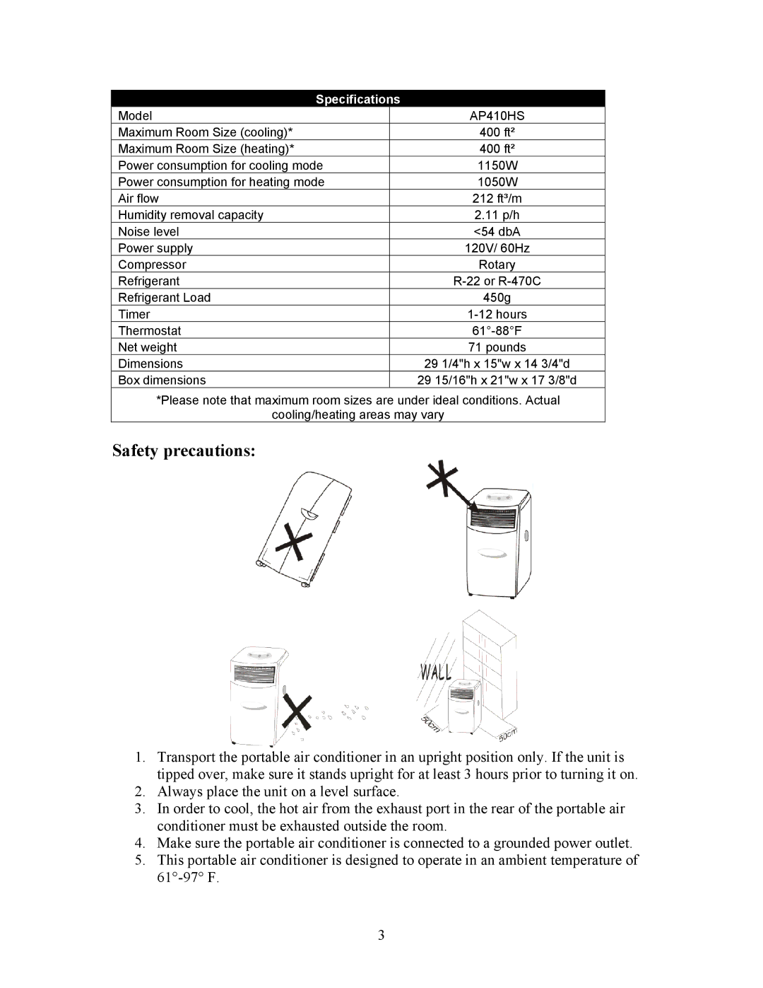 EdgeStar AP410HS manual Safety precautions, Specifications 