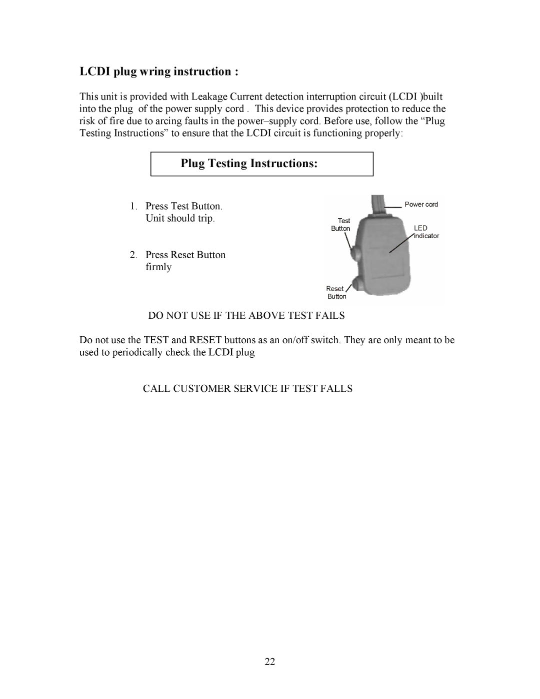 EdgeStar AP410W manual Lcdi plug wring instruction, Plug Testing Instructions 