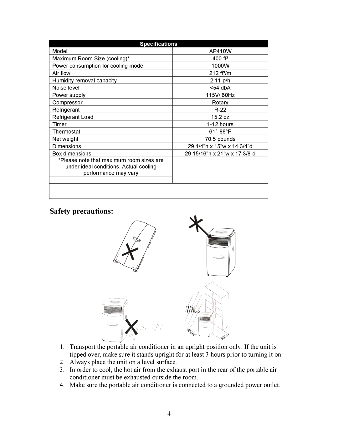 EdgeStar AP410W manual Safety precautions, Specifications 