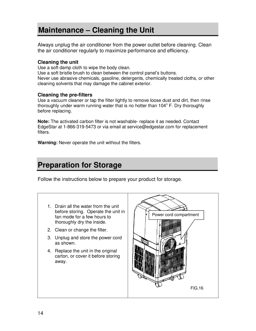 EdgeStar AP420HS owner manual Maintenance Cleaning the Unit, Preparation for Storage 