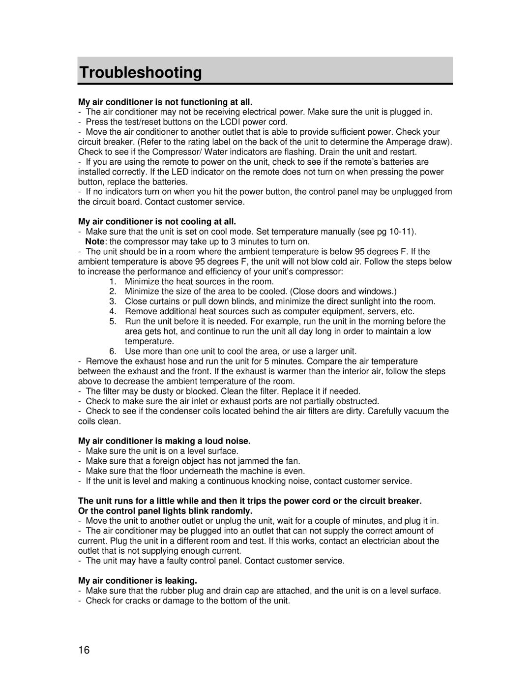 EdgeStar AP420HS owner manual Troubleshooting, My air conditioner is not functioning at all 