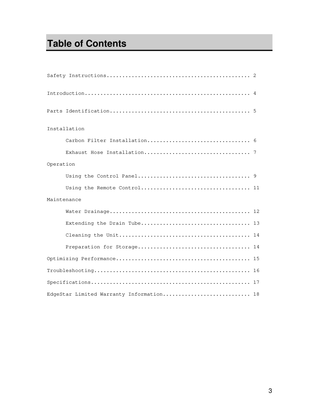 EdgeStar AP420HS owner manual Table of Contents 