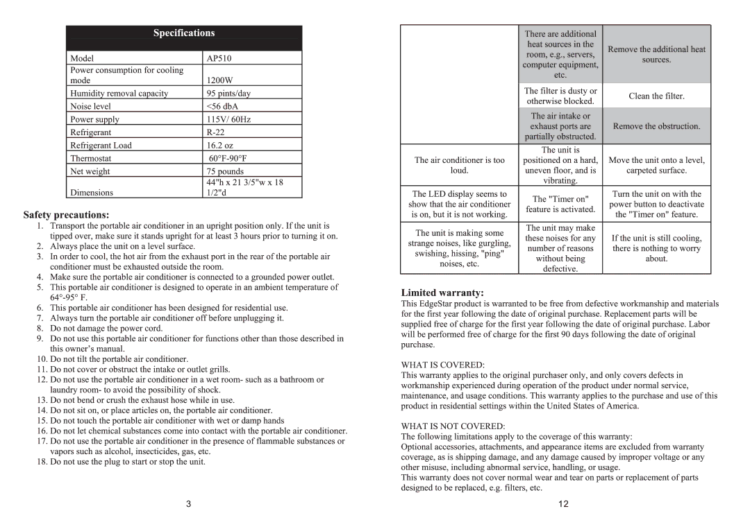 EdgeStar AP510 manual 