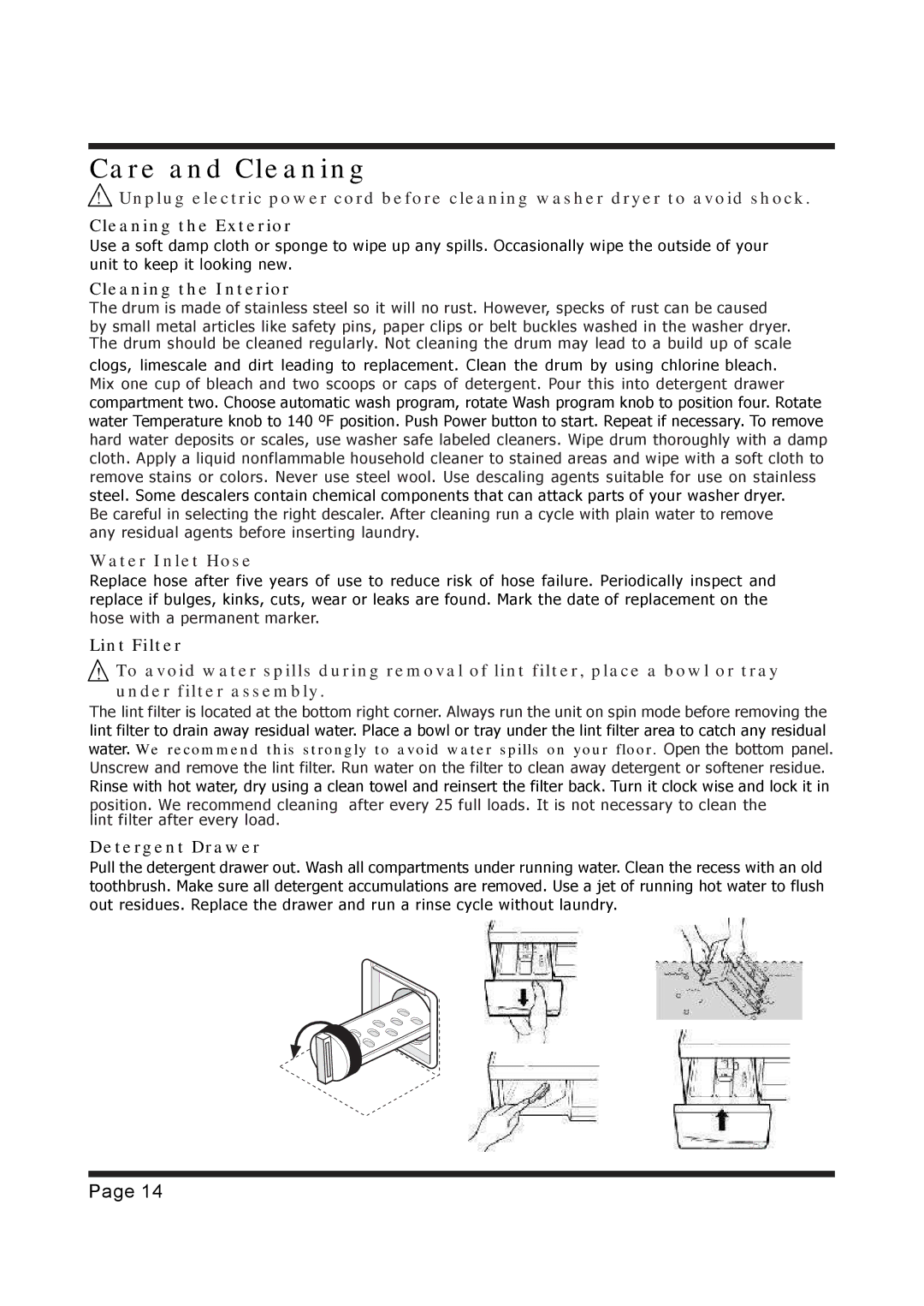 EdgeStar CW1200 installation instructions Care and Cleaning, Cleaning the Interior, Water Inlet Hose, Detergent Drawer 