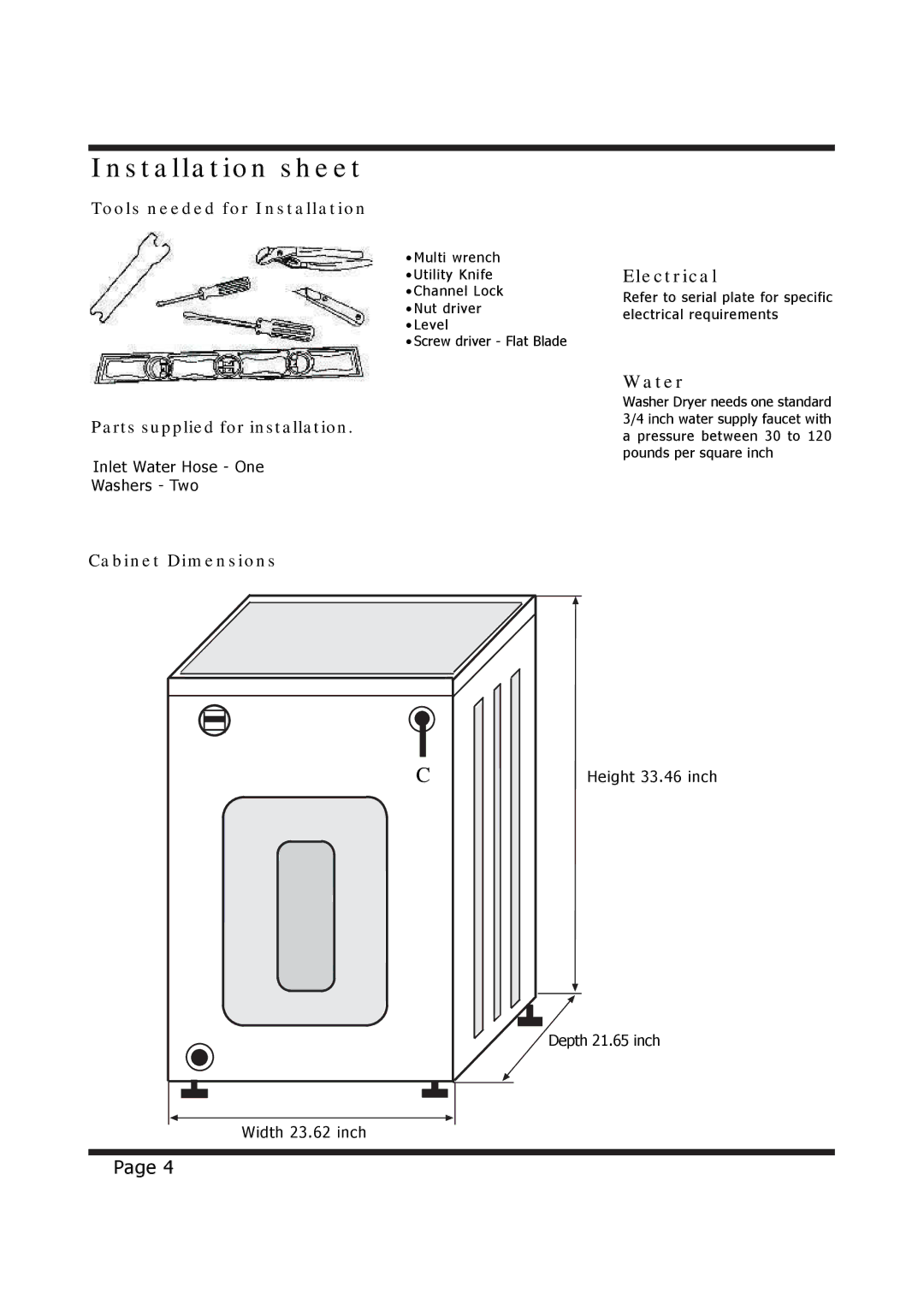 EdgeStar CW1200 Installation sheet, Tools needed for Installation, Parts supplied for installation, Cabinet Dimensions 