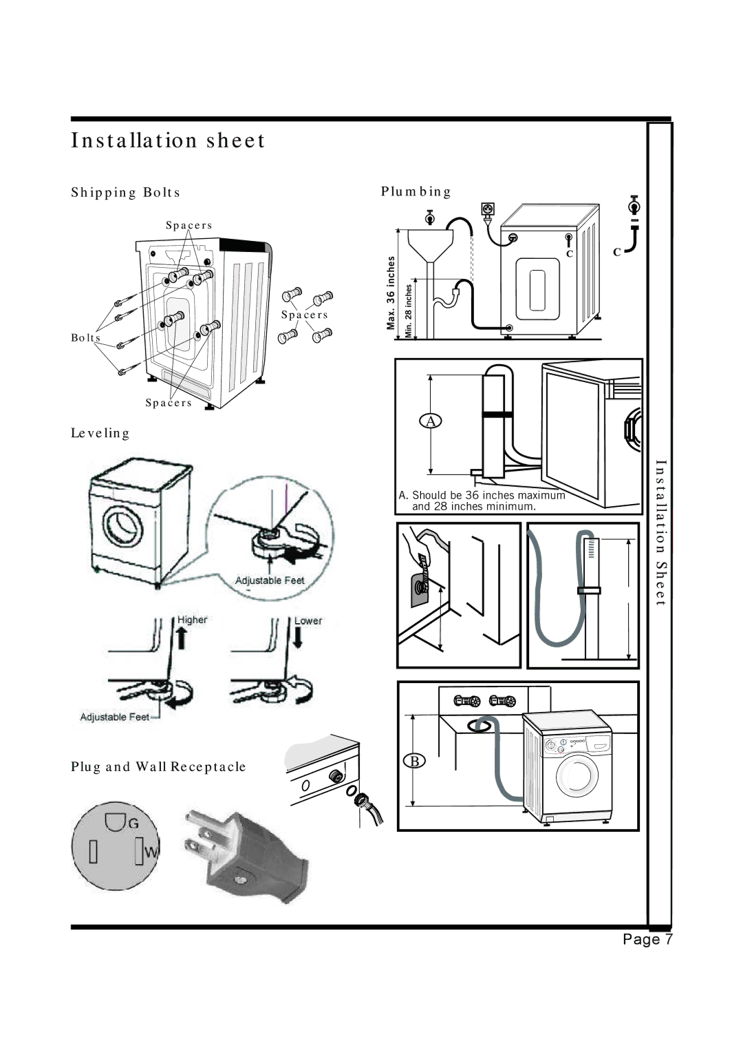 EdgeStar CW1200 installation instructions Shipping Bolts, Leveling Plug and Wall Receptacle Plumbing 