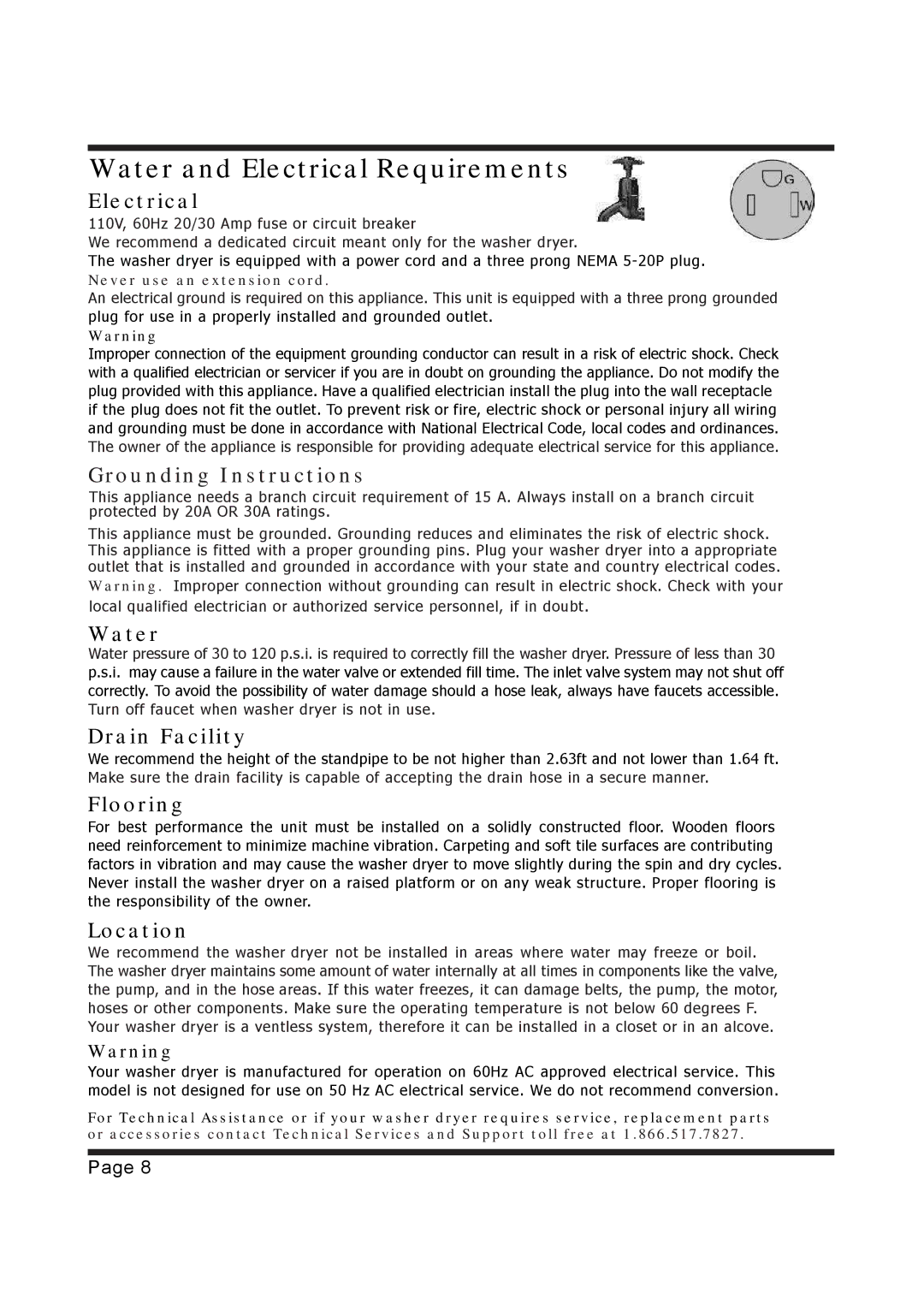 EdgeStar CW1200 installation instructions Water and Electrical Requirements, Never use an extension cord 